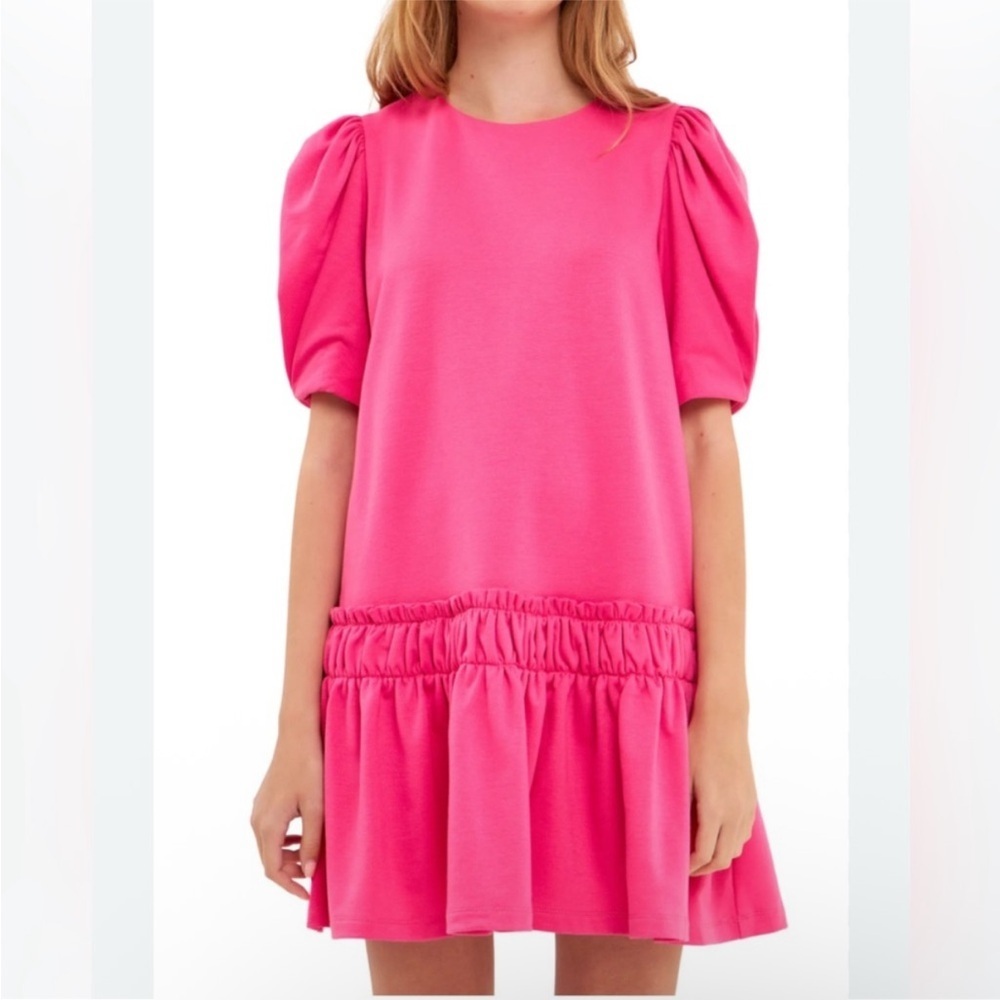 ENGLISH FACTORY Mini Dress Puff Sleeves Drop Waist Pink small